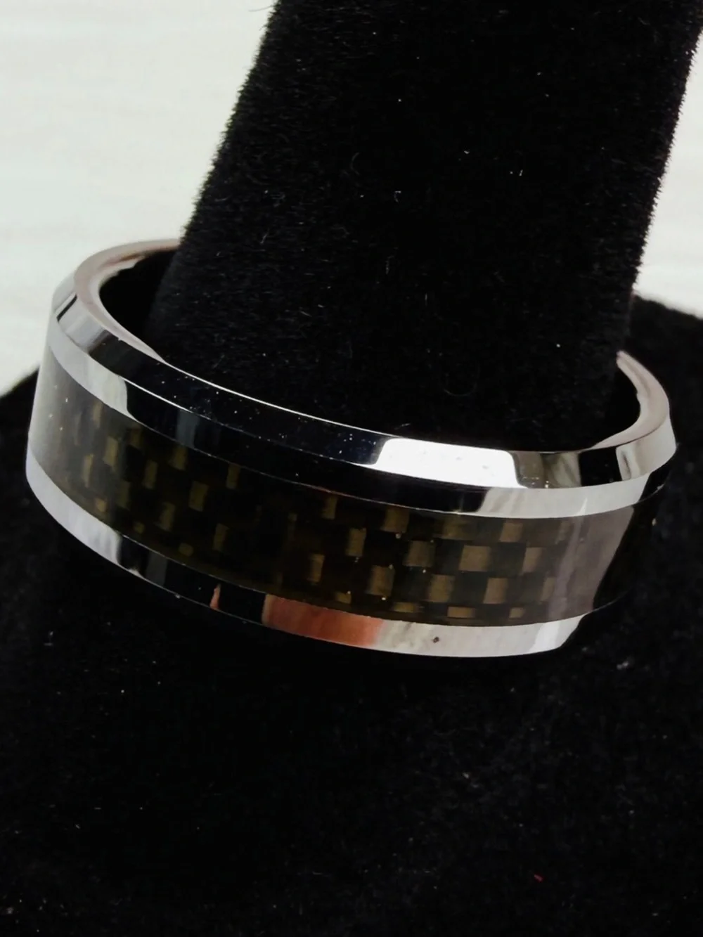 Men's silvertone Black Carbon Fiber Ring sz 9 1/2